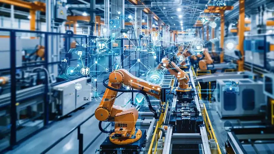 Yellow robot arms along an automated production line