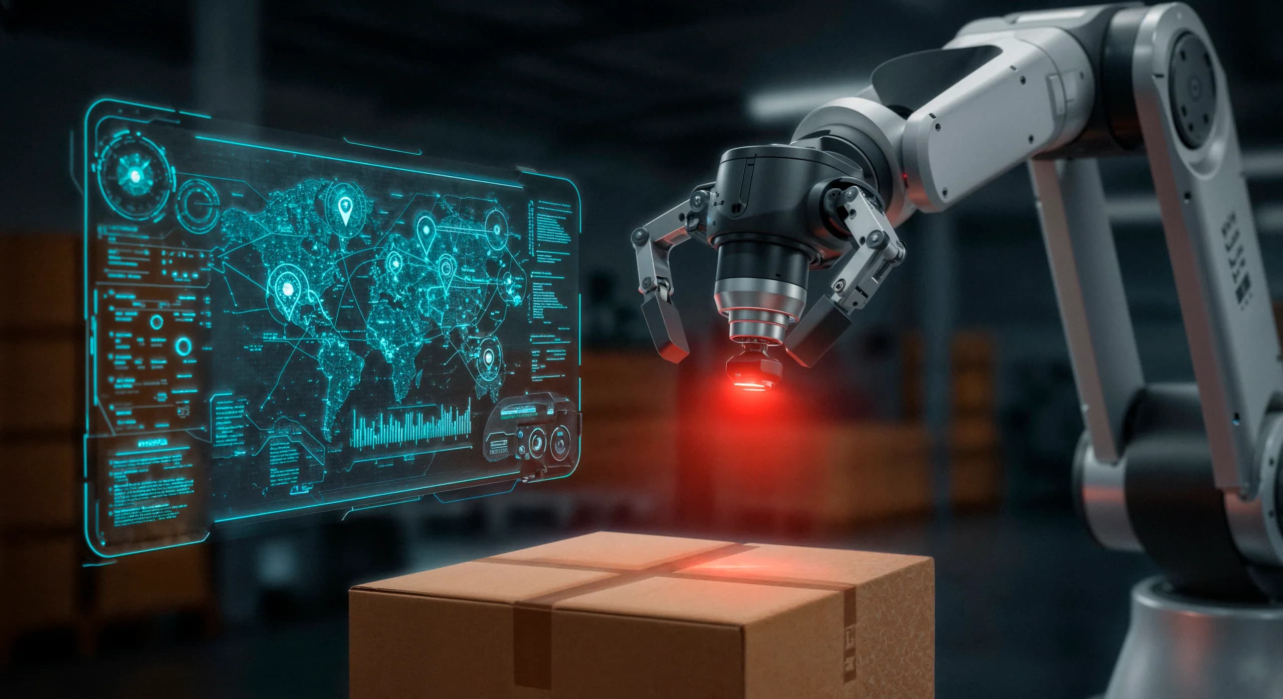 A robotic arm scanning a package on a smart warehouse line