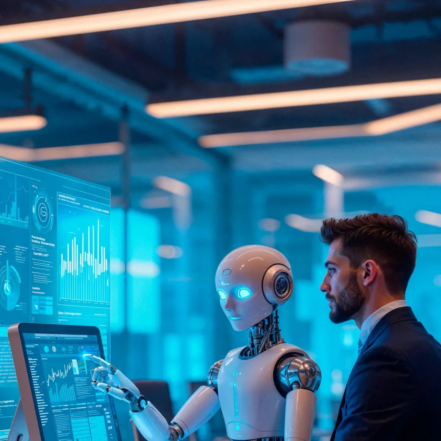 An engineer and a robotic arm working side by side on a production line