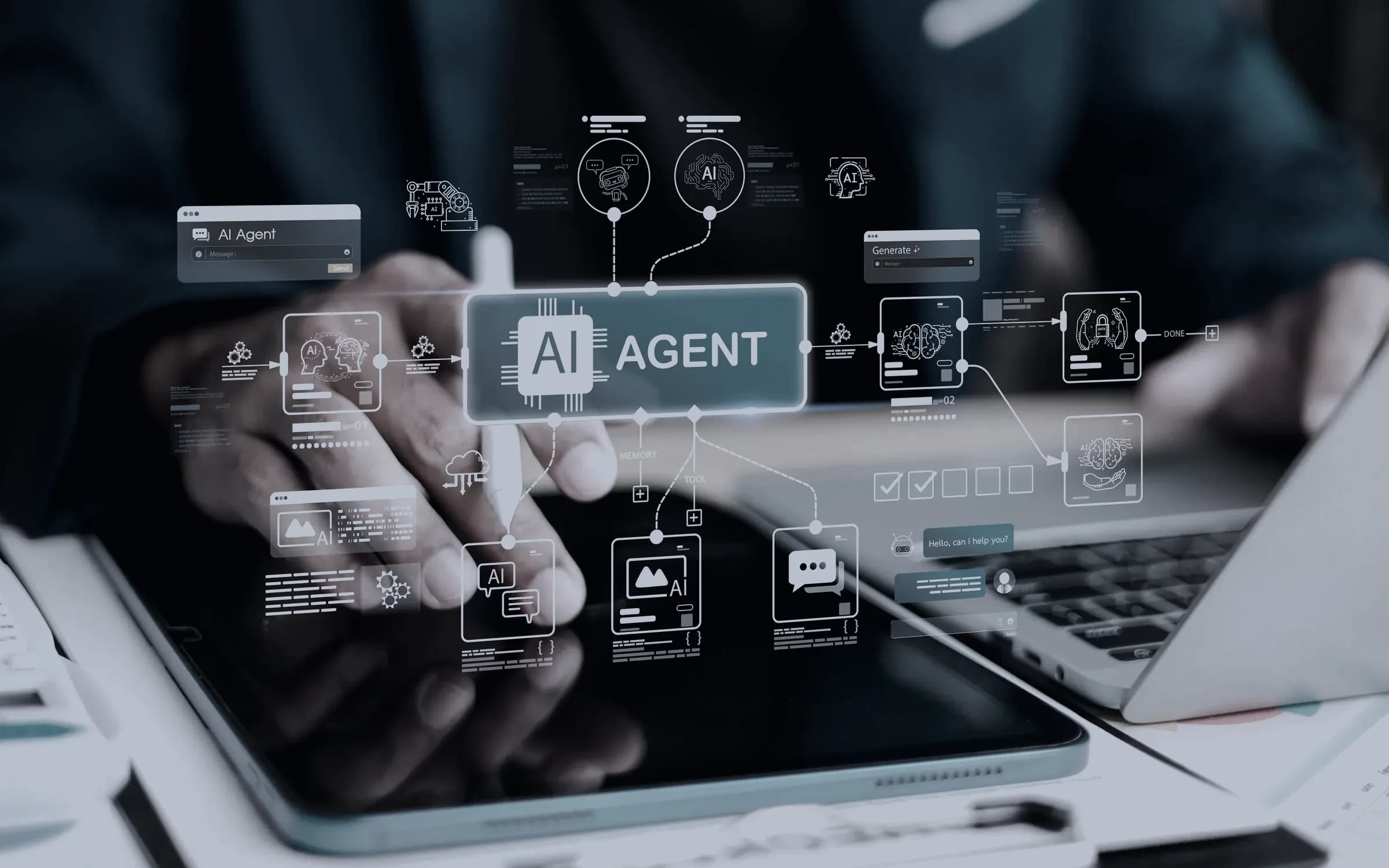 A tablet running an AI agent that drives the tools around it