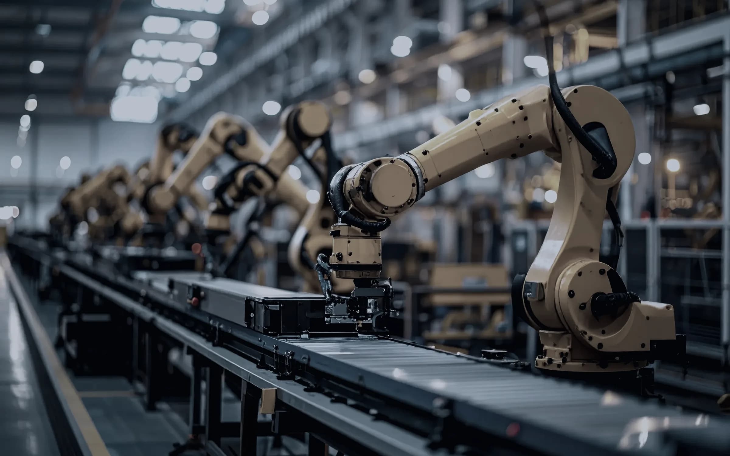 Industrial robot arms running an automated assembly line