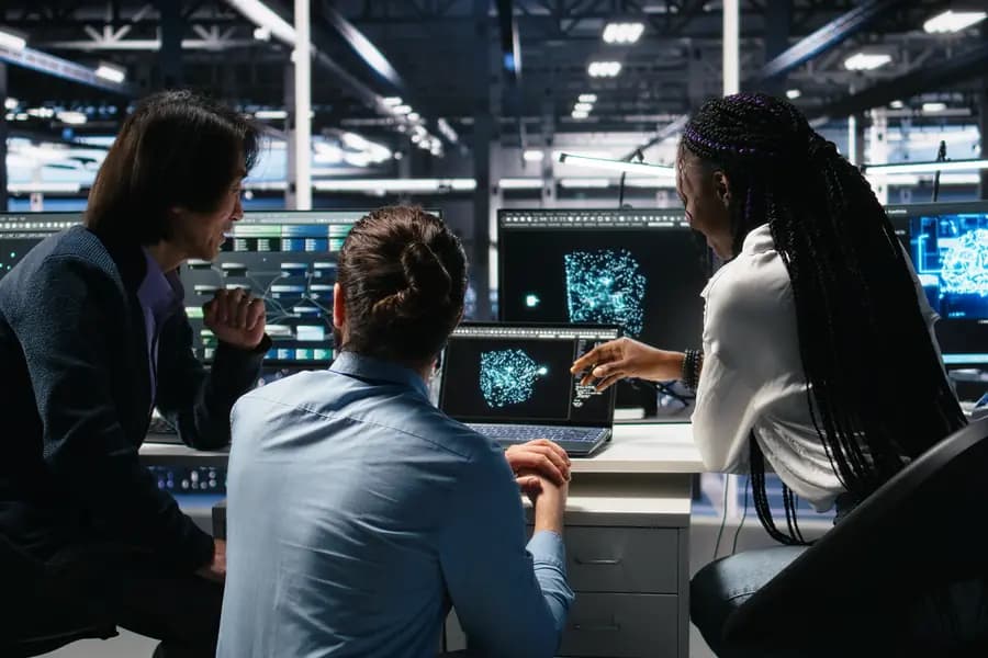 A development team at a bank of monitors showing an AI model