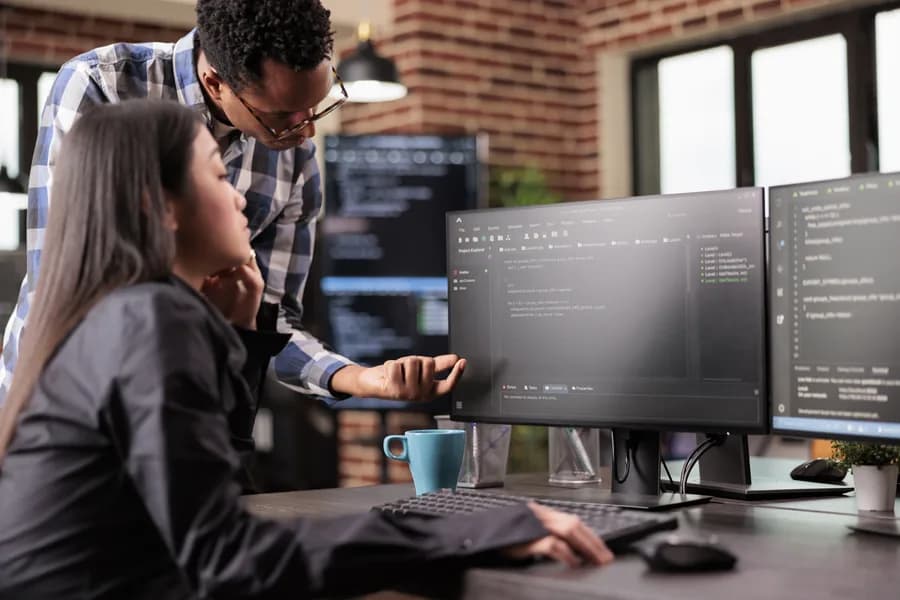 Two programmers at code on their screens
