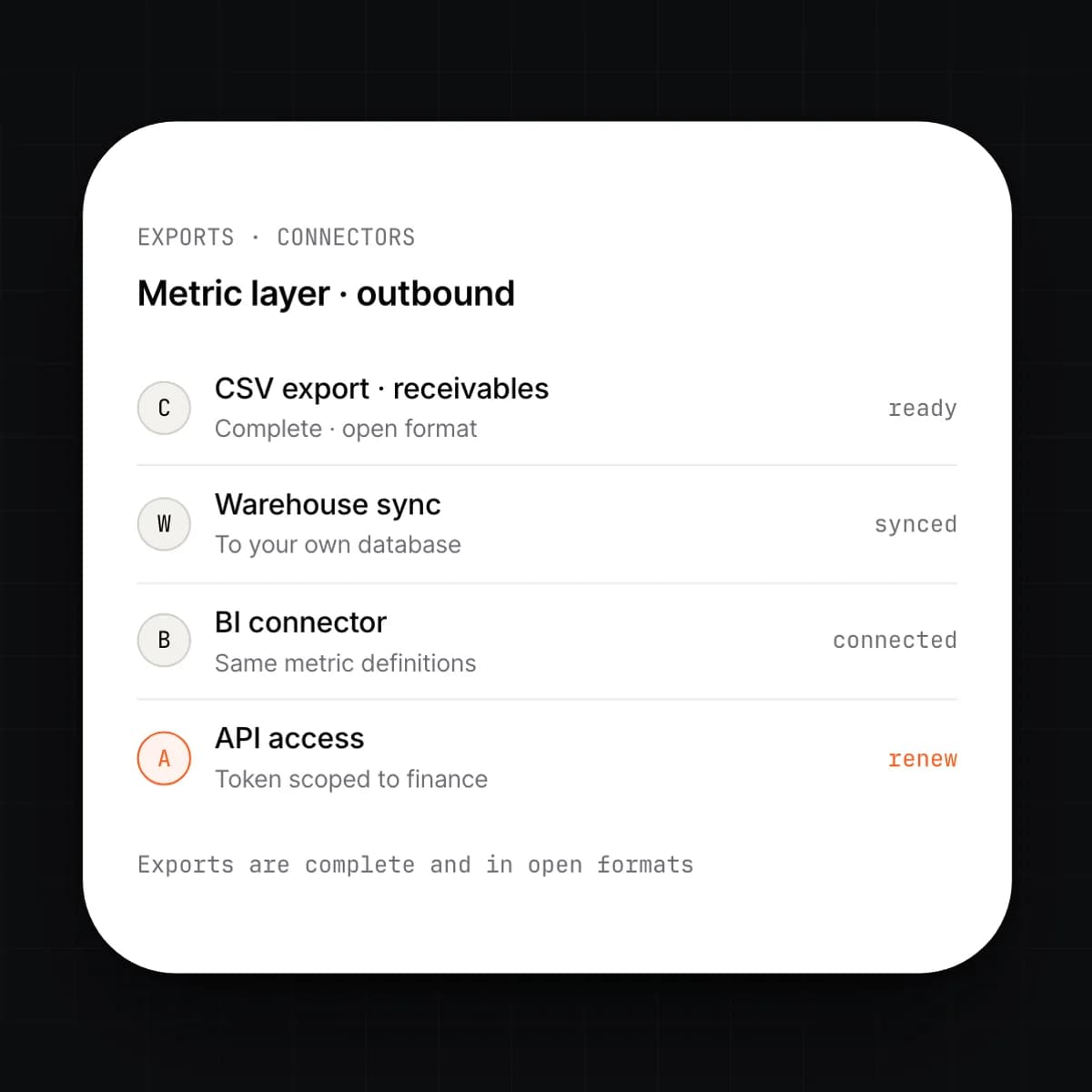 The exports and connectors screen