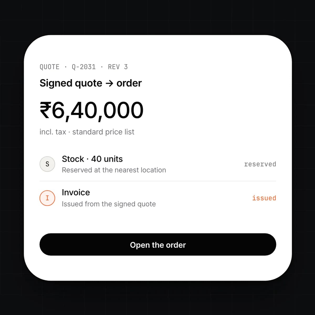A signed quote becoming an order on a phone