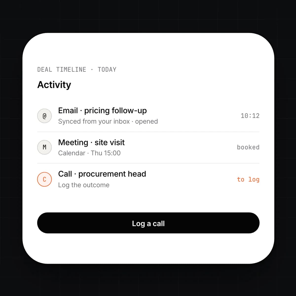 The deal activity timeline on a phone