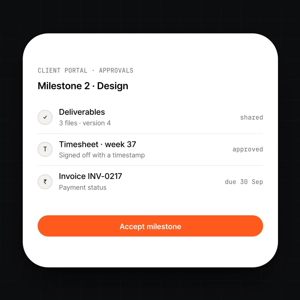 A milestone approval in the client portal on a phone