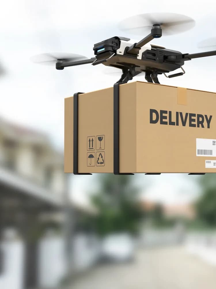 A delivery drone carrying a parcel above a street