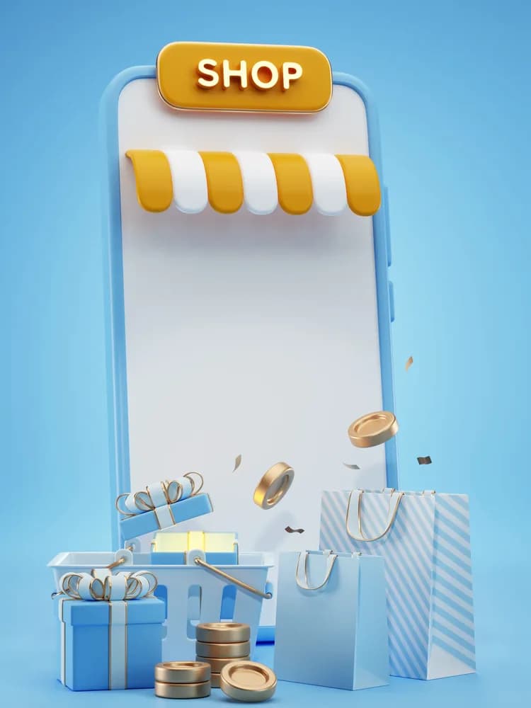 A vertical 3D shop front with parcels and sale tags