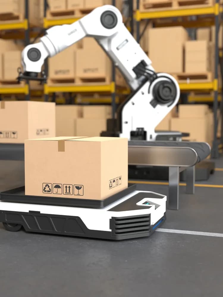 A white robot arm on an AGV holding a box in a warehouse