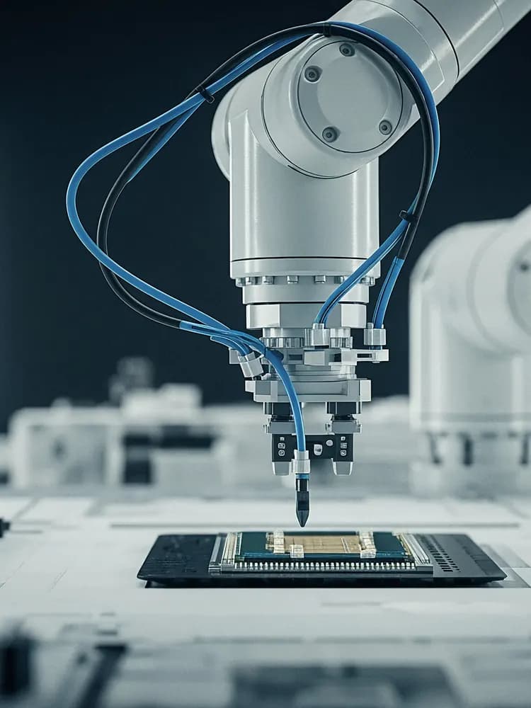 A white robot arm placing a chip on a circuit board