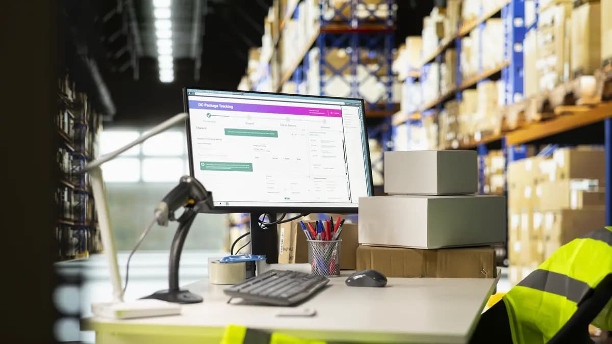 A warehouse workstation with a monitor and order screen among shelved boxes