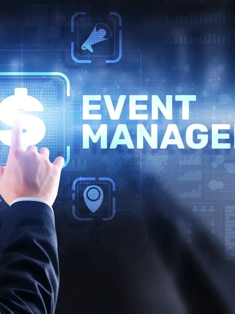 A businessman touching an event management hologram