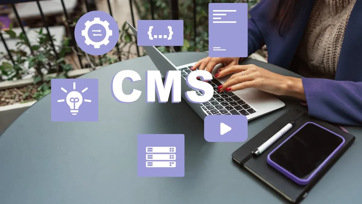 A laptop in a workspace with CMS feature icons around it