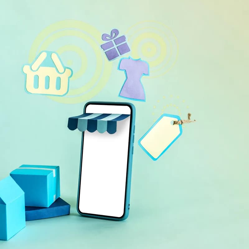 An isometric mobile shop with parcels and a 'buy now' screen