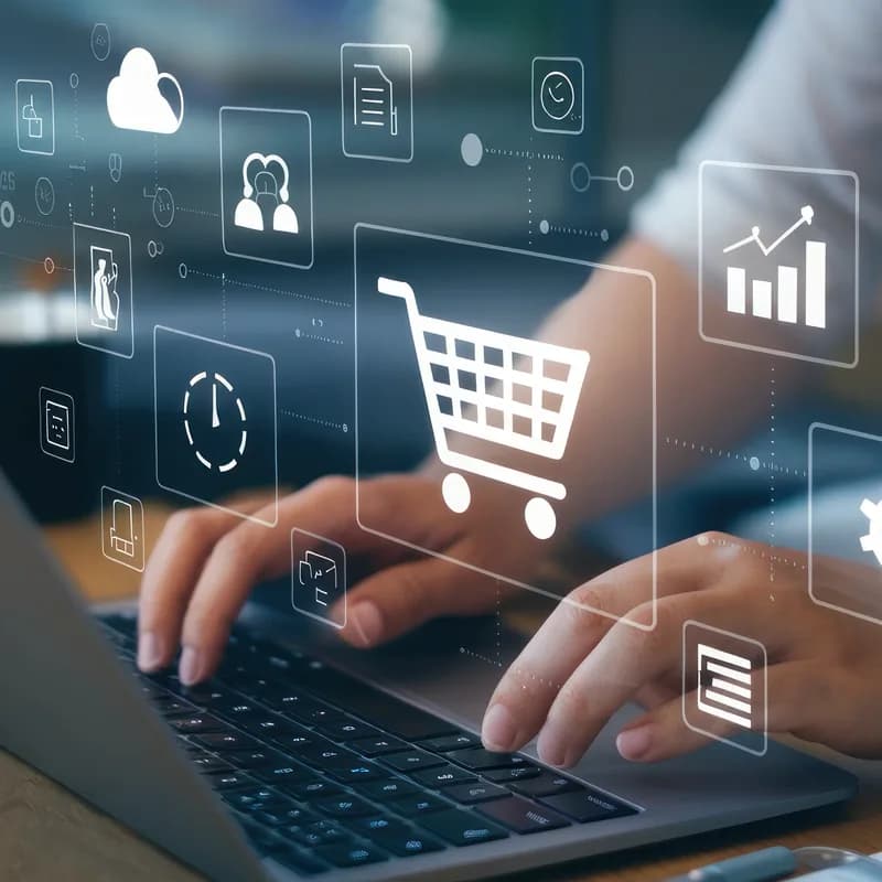 A laptop with a shopping cart, search and tag icons over the keyboard