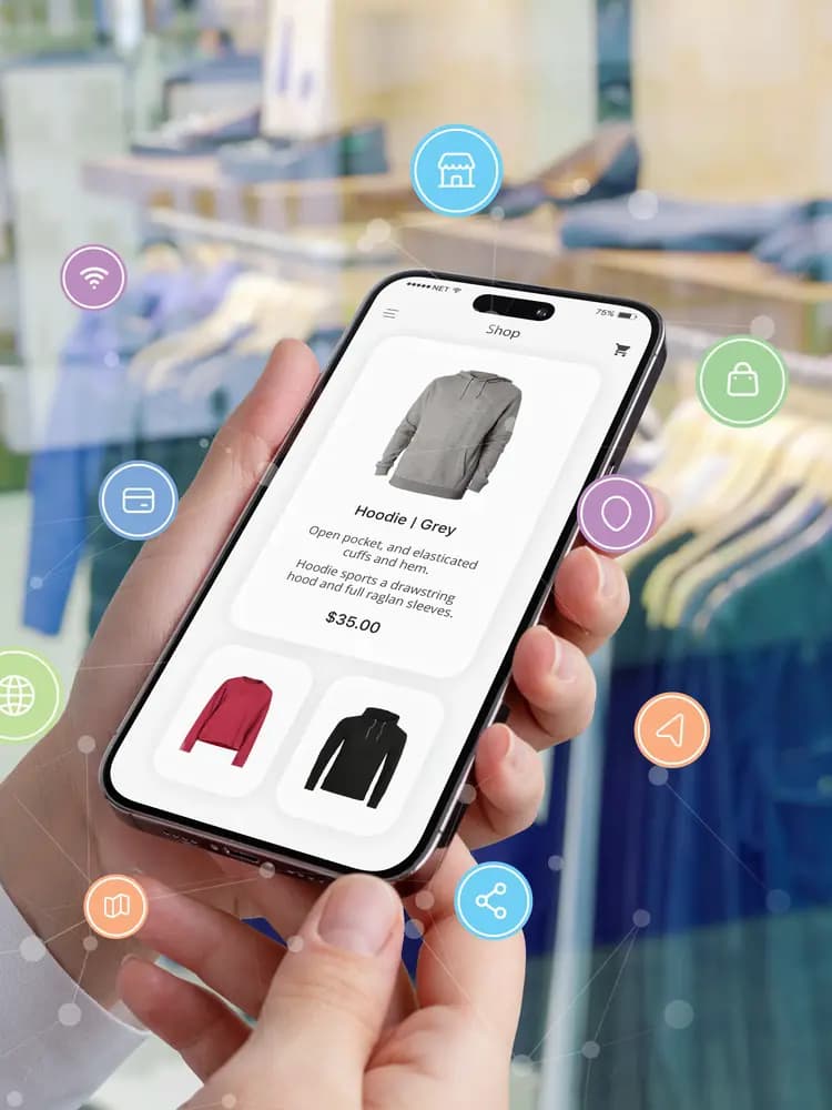 A phone in a shopper's hands showing a jacket, the boutique rail behind it