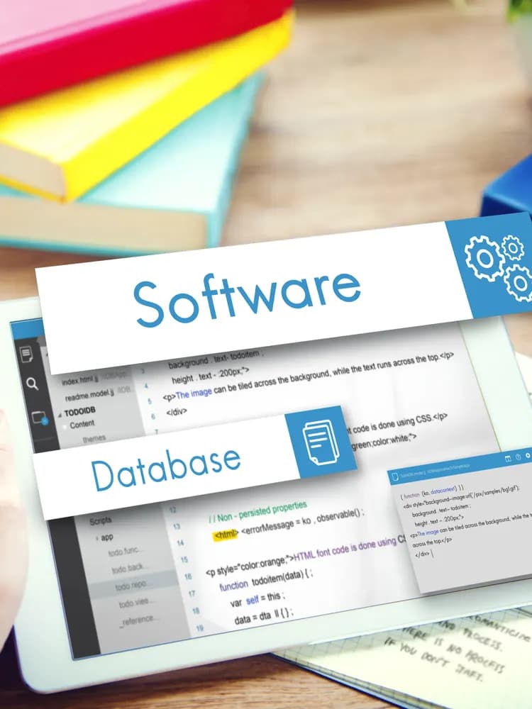 A tablet showing a software and database course beside a stack of books