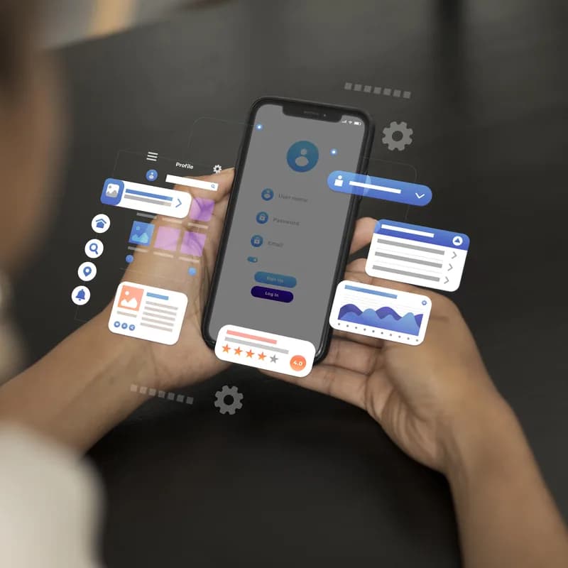 Hands holding a phone with floating app screens around it