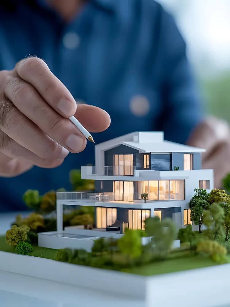 A hand placing a model house on a table beside a pen
