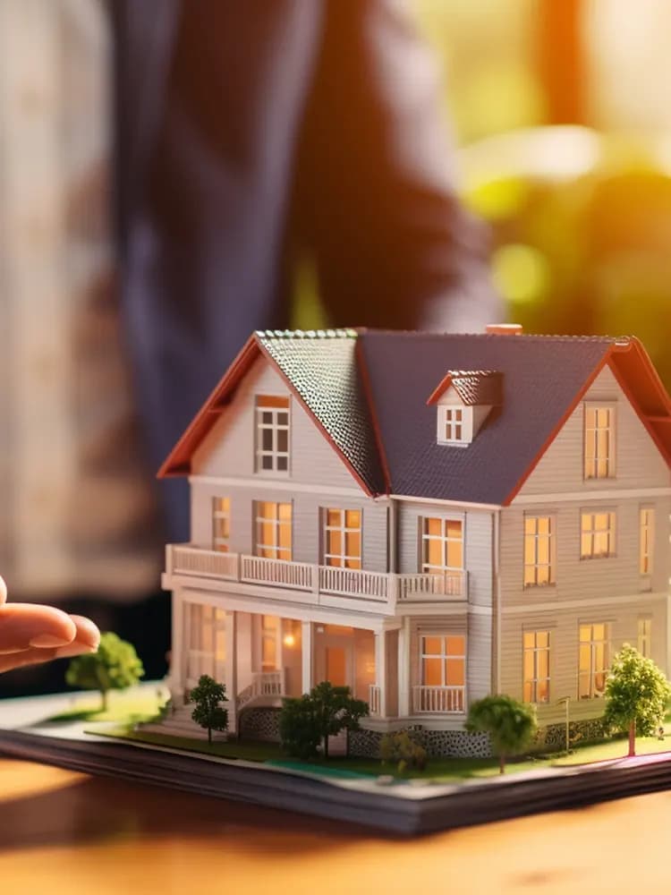 An agent's hand presenting a model house on a table