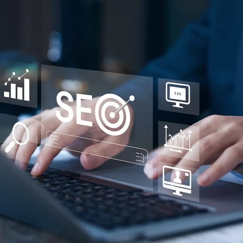 Hands at a laptop with an SEO target icon above the keys