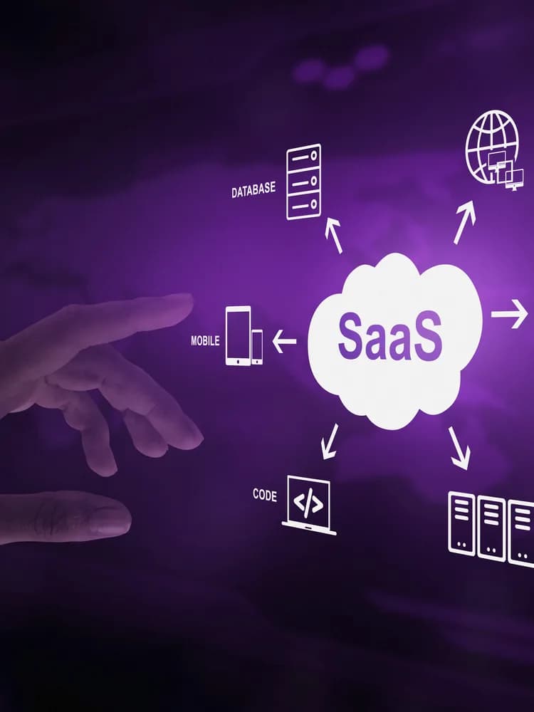 A hand reaching for a purple SaaS cloud diagram