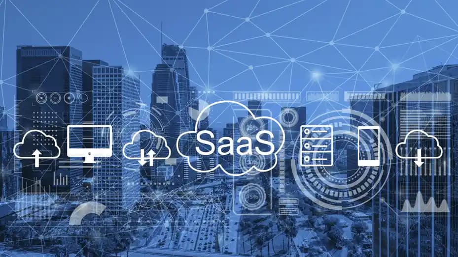 A city skyline with a SaaS cloud network drawn over it