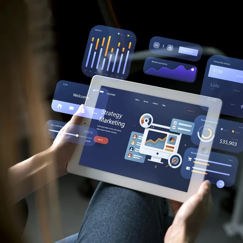 A tablet held in both hands showing a product interface mock-up