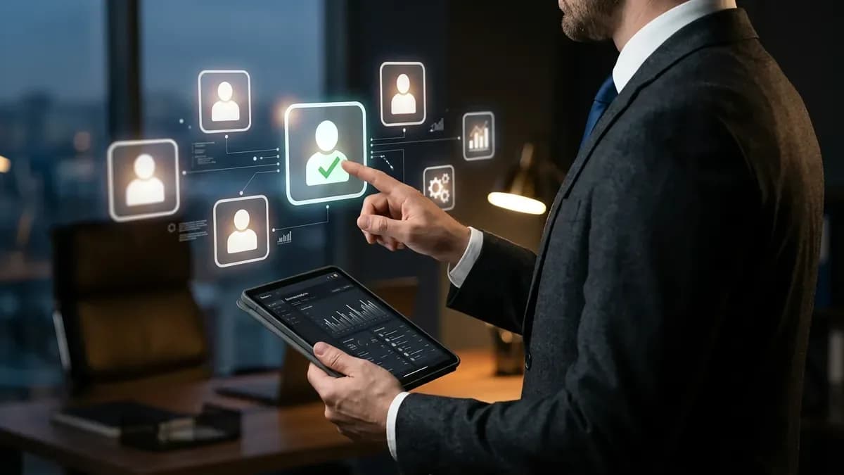 Man holding a tablet taps a floating profile marked with a tick.