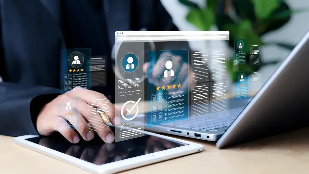 Hand reviewing floating profile cards with star ratings above a tablet.