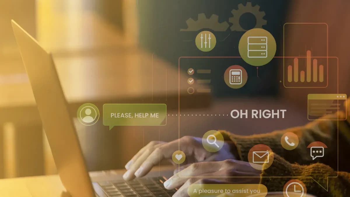 Hands typing on a laptop beside floating chat bubbles and service icons.