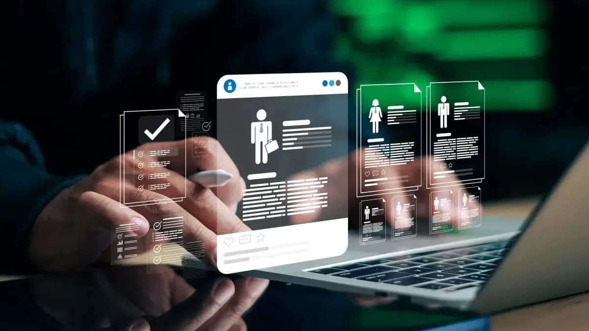 Hands with a stylus beside floating profile documents and a checklist.