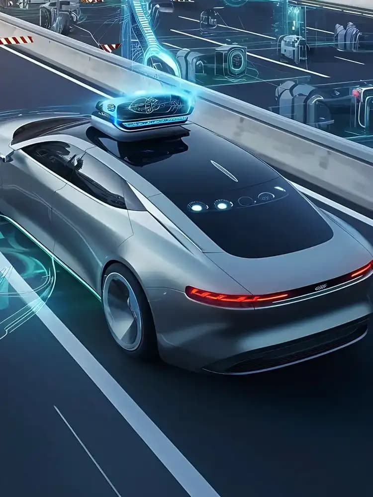 Silver car with a roof sensor driving along a highway with overlays.