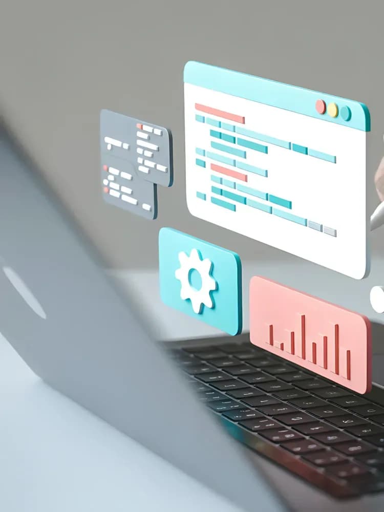 Laptop with a floating code window, gear and chart tiles.