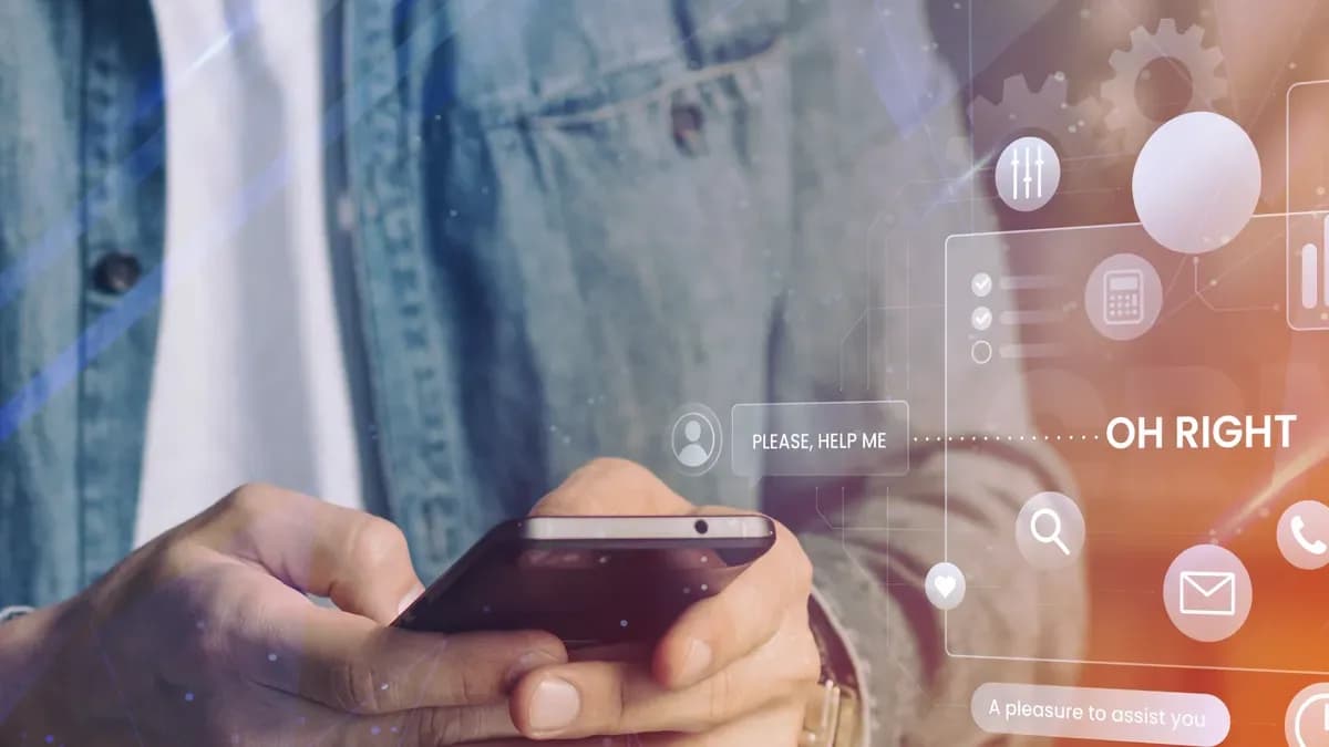 Man holding a smartphone beside floating chat bubbles and call icons.