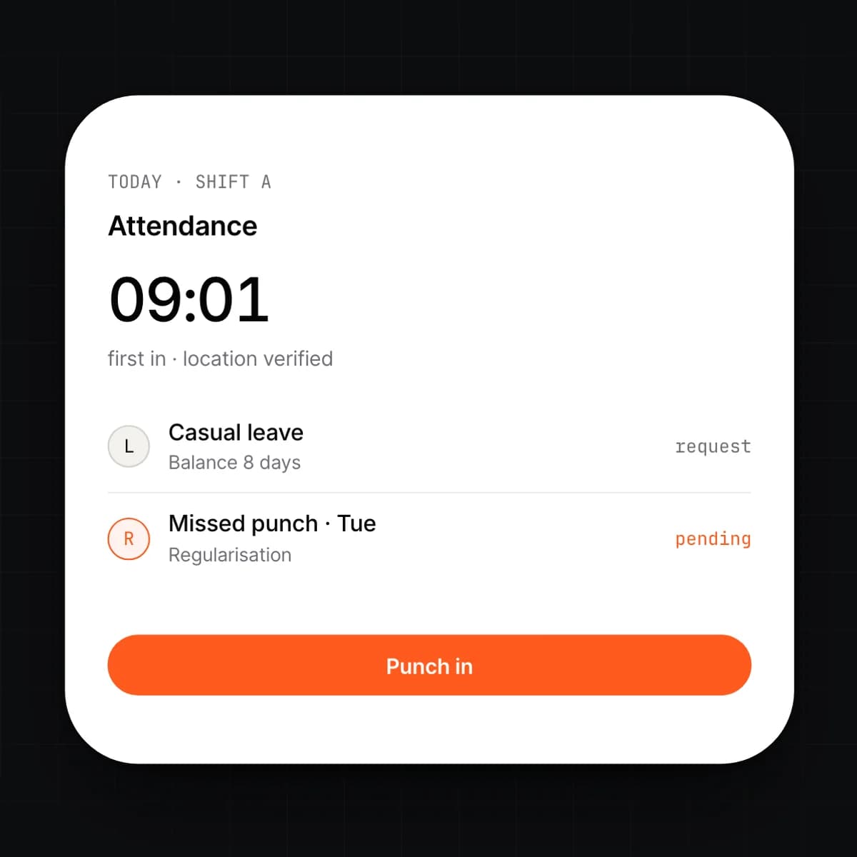 The attendance screen on a phone