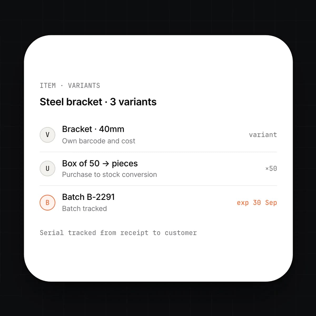 The item and variants screen
