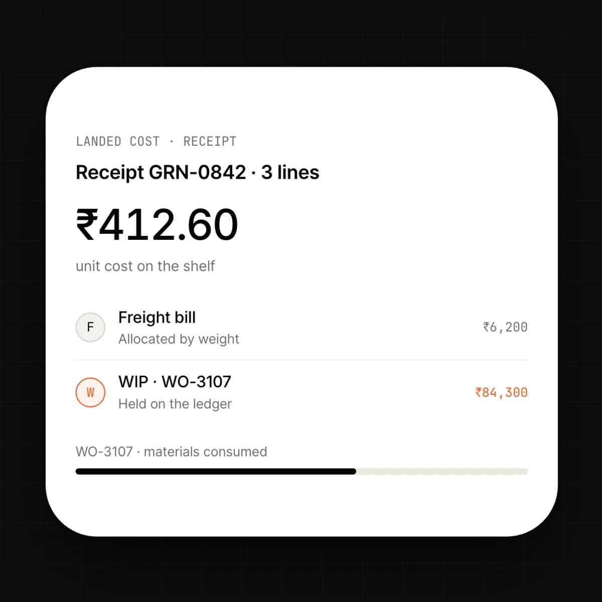 The landed cost and WIP screen