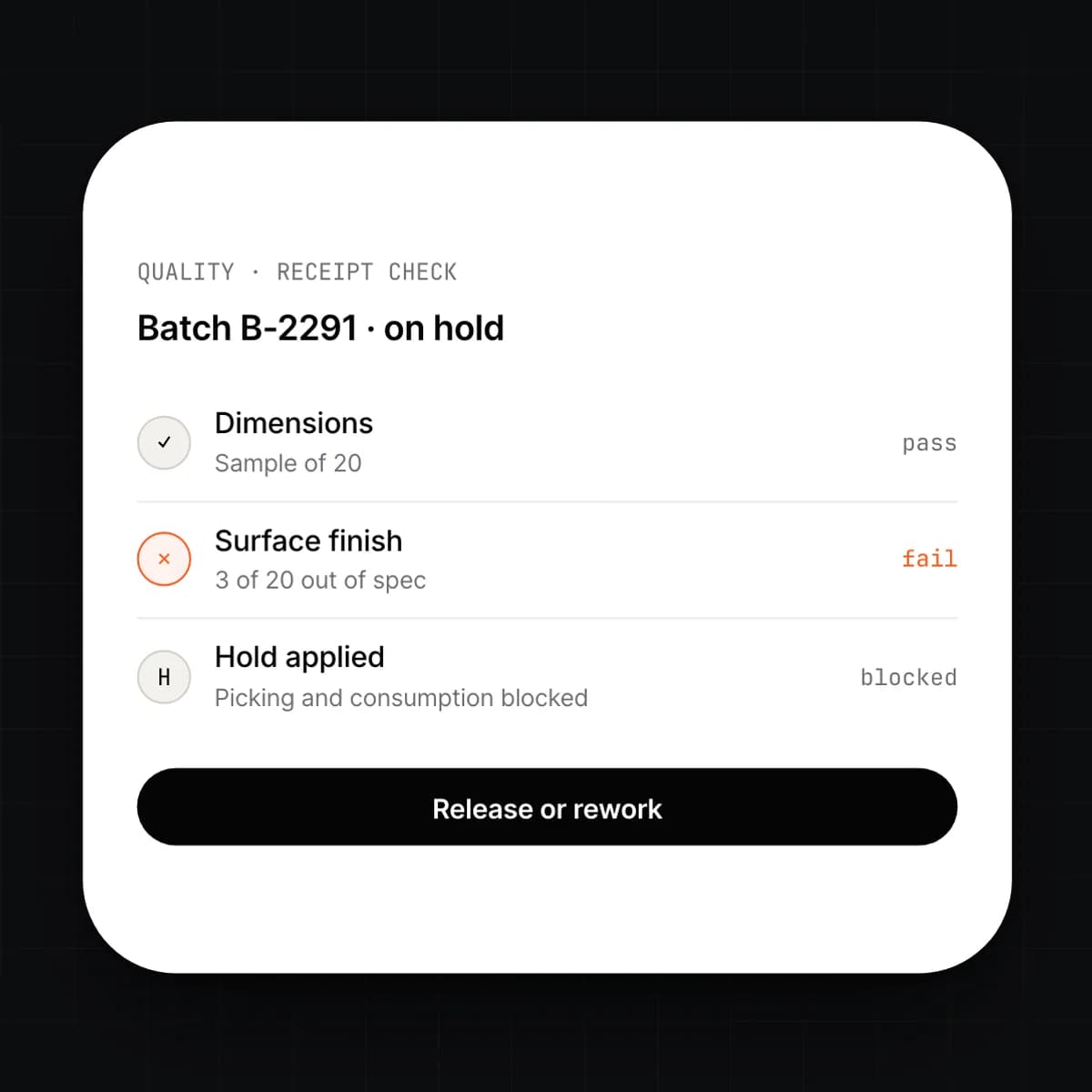 The quality check and hold screen