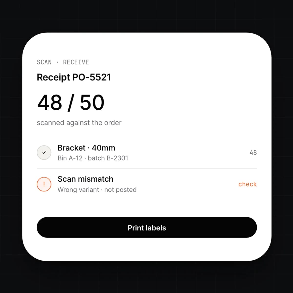 The scan to receive screen on a phone