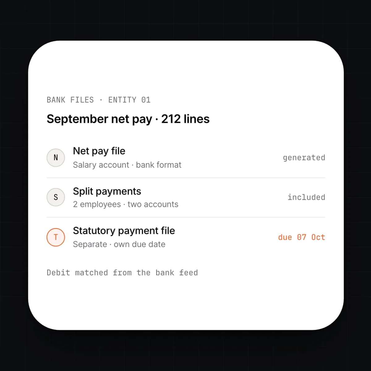 The bank payment files screen
