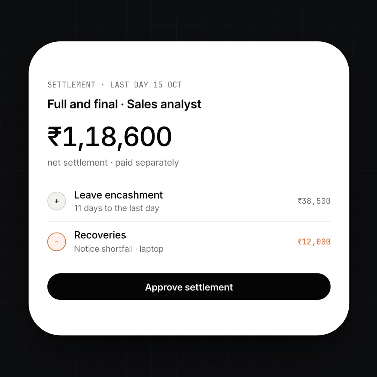 The full and final settlement screen