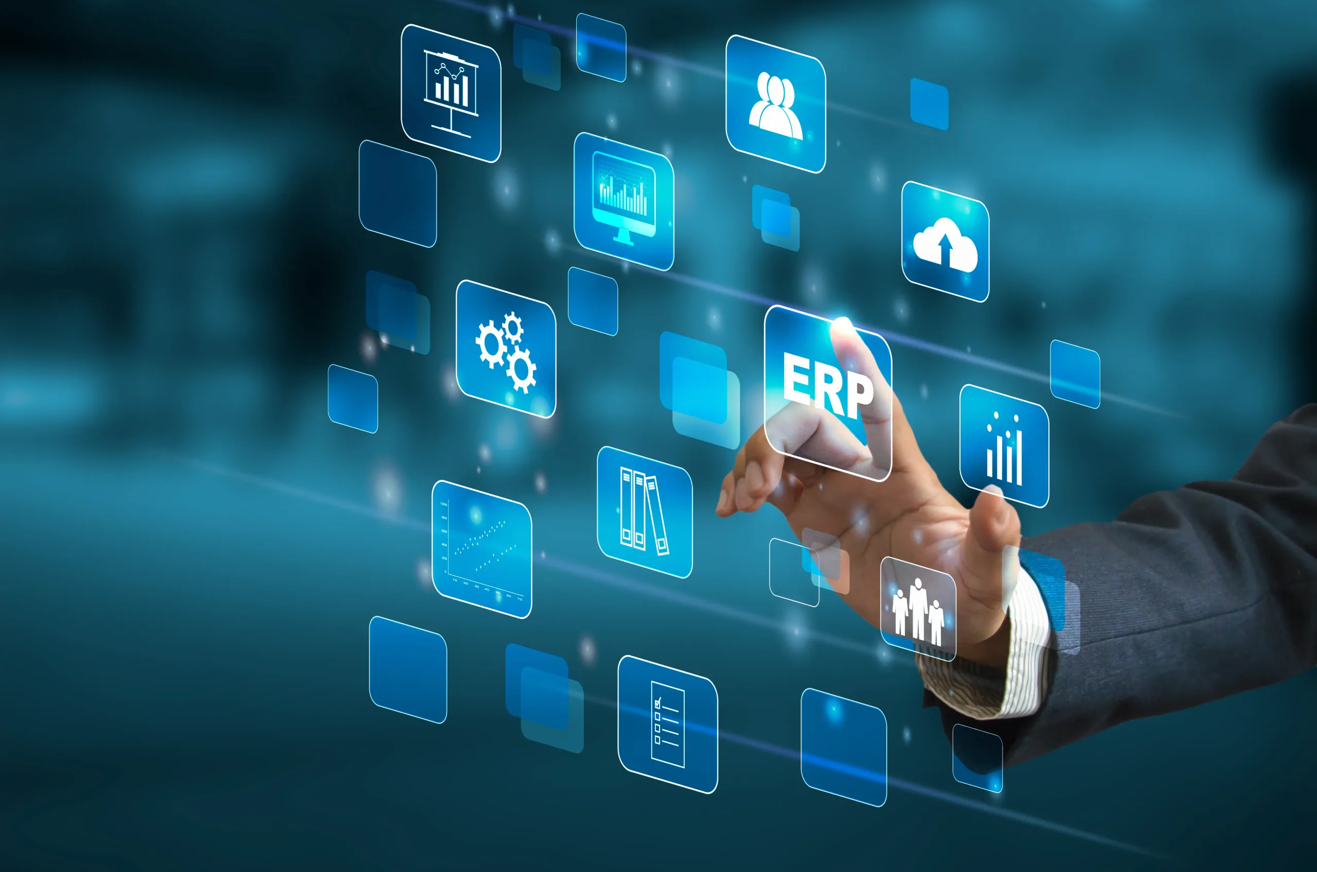 Enterprise ERP system dashboard on a virtual screen
