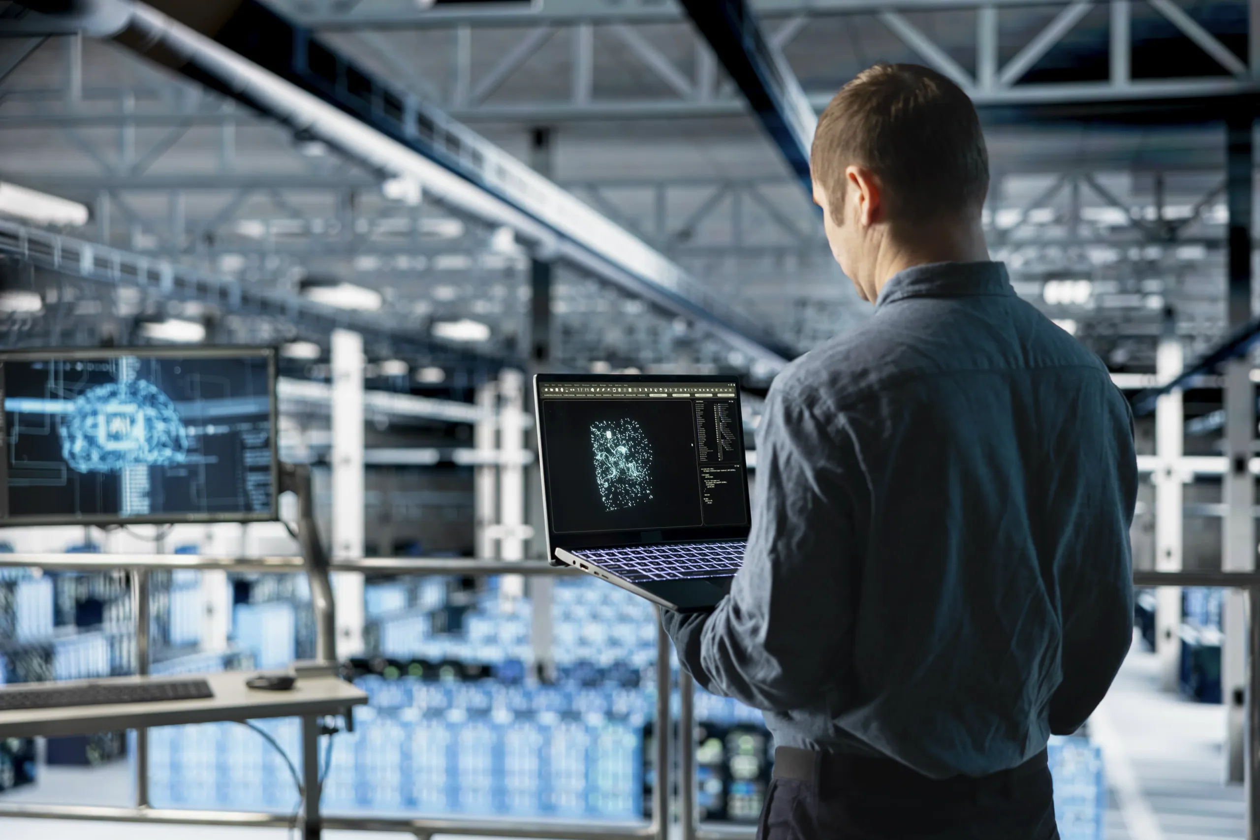 Engineer monitoring an AI LLM visualization in a data center